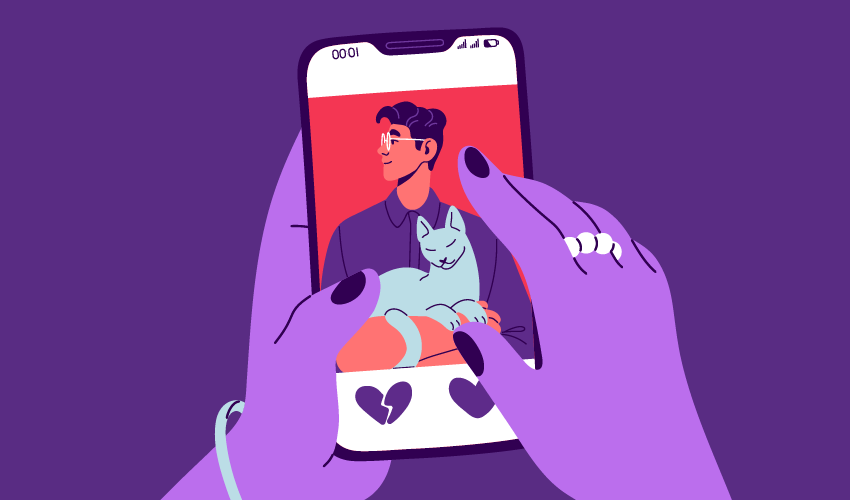 Illustration of a person swiping on a dating profile featuring a man holding a cat, representing the role pets can play in attraction and online dating.